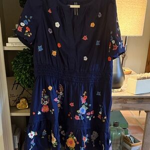 Anthropologie Navy Floral Embroidered Dress